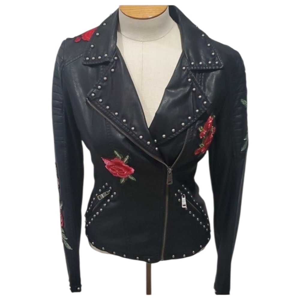 La Coalition Faux Leather Jacket – Floral Embroidered Women’s XS Boho Moto Style